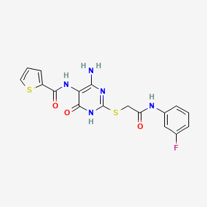 molecular formula C17H14FN5O3S2 B2848366 N-(4-amino-2-((2-((3-fluorophenyl)amino)-2-oxoethyl)thio)-6-oxo-1,6-dihydropyrimidin-5-yl)thiophene-2-carboxamide CAS No. 868225-51-8