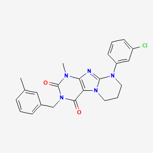 molecular formula C23H22ClN5O2 B2848368 9-(3-chlorophenyl)-1-methyl-3-(3-methylbenzyl)-6,7,8,9-tetrahydropyrimido[2,1-f]purine-2,4(1H,3H)-dione CAS No. 877616-74-5