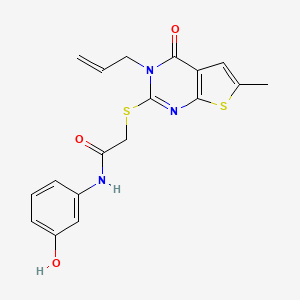 molecular formula C18H17N3O3S2 B2848396 N-(3-hydroxyphenyl)-2-(6-methyl-4-oxo-3-prop-2-enylthieno[2,3-d]pyrimidin-2-yl)sulfanylacetamide CAS No. 878699-16-2