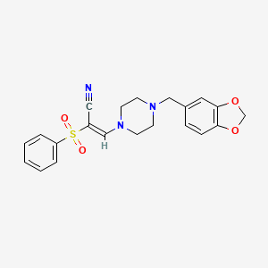 molecular formula C21H21N3O4S B2848403 (2E)-3-[4-(1,3-benzodioxol-5-ylmethyl)piperazin-1-yl]-2-(phenylsulfonyl)prop-2-enenitrile CAS No. 885185-51-3