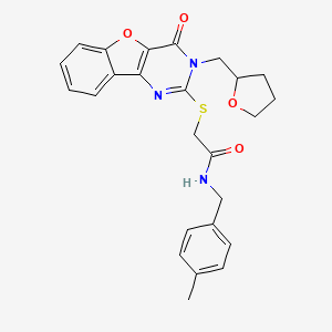 molecular formula C25H25N3O4S B2848569 N-(4-methylbenzyl)-2-{[4-oxo-3-(tetrahydrofuran-2-ylmethyl)-3,4-dihydro[1]benzofuro[3,2-d]pyrimidin-2-yl]sulfanyl}acetamide CAS No. 899942-06-4