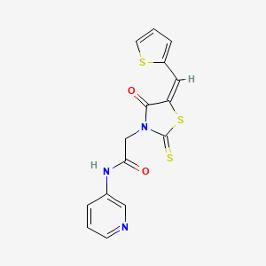 molecular formula C15H11N3O2S3 B2848604 (E)-2-(4-oxo-5-(thiophen-2-ylmethylene)-2-thioxothiazolidin-3-yl)-N-(pyridin-3-yl)acetamide CAS No. 637317-86-3