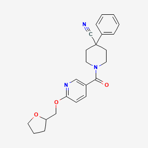 molecular formula C23H25N3O3 B2848614 4-Phenyl-1-(6-((tetrahydrofuran-2-yl)methoxy)nicotinoyl)piperidine-4-carbonitrile CAS No. 2034360-52-4