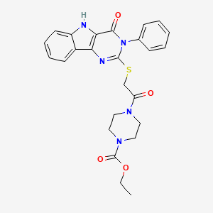 molecular formula C25H25N5O4S B2848623 ethyl 4-[2-[(4-oxo-3-phenyl-5H-pyrimido[5,4-b]indol-2-yl)sulfanyl]acetyl]piperazine-1-carboxylate CAS No. 537668-68-1