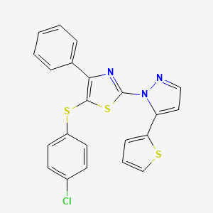 molecular formula C22H14ClN3S3 B2848636 5-(4-Chlorophenyl)sulfanyl-4-phenyl-2-(5-thiophen-2-ylpyrazol-1-yl)-1,3-thiazole CAS No. 956372-19-3
