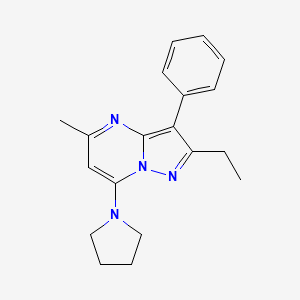 molecular formula C19H22N4 B2848751 2-Ethyl-5-methyl-3-phenyl-7-(pyrrolidin-1-yl)pyrazolo[1,5-a]pyrimidine CAS No. 890620-50-5
