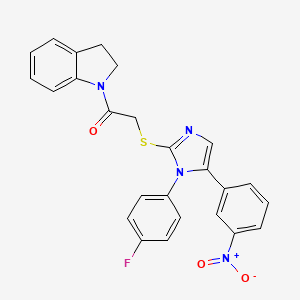 molecular formula C25H19FN4O3S B2848784 2-((1-(4-fluorophenyl)-5-(3-nitrophenyl)-1H-imidazol-2-yl)thio)-1-(indolin-1-yl)ethanone CAS No. 1235016-90-6