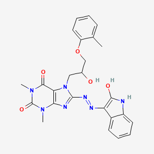 molecular formula C25H25N7O5 B2848831 (Z)-7-(2-hydroxy-3-(o-tolyloxy)propyl)-1,3-dimethyl-8-(2-(2-oxoindolin-3-ylidene)hydrazinyl)-1H-purine-2,6(3H,7H)-dione CAS No. 374913-32-3