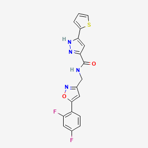 molecular formula C18H12F2N4O2S B2848885 N-((5-(2,4-difluorophenyl)isoxazol-3-yl)methyl)-3-(thiophen-2-yl)-1H-pyrazole-5-carboxamide CAS No. 1299485-77-0