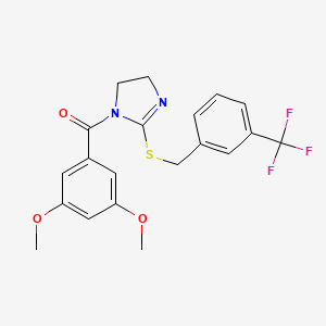 molecular formula C20H19F3N2O3S B2848897 (3,5-Dimethoxyphenyl)-[2-[[3-(trifluoromethyl)phenyl]methylsulfanyl]-4,5-dihydroimidazol-1-yl]methanone CAS No. 851805-66-8