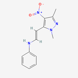 molecular formula C13H14N4O2 B2848989 N-[(E)-2-(1,3-dimethyl-4-nitro-1H-pyrazol-5-yl)ethenyl]aniline CAS No. 956626-42-9