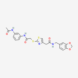 molecular formula C23H22N4O5S2 B2849019 N-(3-acetamidophenyl)-2-((4-(2-((benzo[d][1,3]dioxol-5-ylmethyl)amino)-2-oxoethyl)thiazol-2-yl)thio)acetamide CAS No. 953926-42-6