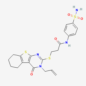 molecular formula C22H24N4O4S3 B2849037 3-[(4-oxo-3-prop-2-enyl-5,6,7,8-tetrahydro-[1]benzothiolo[2,3-d]pyrimidin-2-yl)sulfanyl]-N-(4-sulfamoylphenyl)propanamide CAS No. 303019-21-8