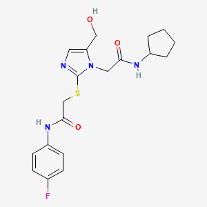 molecular formula C19H23FN4O3S B2849084 N-cyclopentyl-2-(2-((2-((4-fluorophenyl)amino)-2-oxoethyl)thio)-5-(hydroxymethyl)-1H-imidazol-1-yl)acetamide CAS No. 921526-22-9