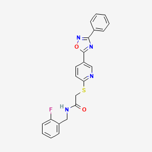 molecular formula C22H17FN4O2S B2849105 N-(2-fluorobenzyl)-2-((5-(3-phenyl-1,2,4-oxadiazol-5-yl)pyridin-2-yl)thio)acetamide CAS No. 1251681-65-8