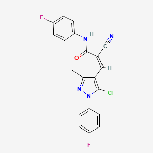 molecular formula C20H13ClF2N4O B2849143 (Z)-3-[5-Chloro-1-(4-fluorophenyl)-3-methylpyrazol-4-yl]-2-cyano-N-(4-fluorophenyl)prop-2-enamide CAS No. 475200-05-6