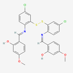molecular formula C28H22Cl2N2O4S2 B2849144 2-[({4-chloro-2-[(5-chloro-2-{[(E)-(2-hydroxy-4-methoxyphenyl)methylidene]amino}phenyl)disulfanyl]phenyl}imino)methyl]-5-methoxybenzenol CAS No. 678985-37-0
