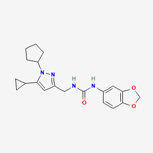 molecular formula C20H24N4O3 B2849198 1-(苯并[d][1,3]二噁嗪-5-基)-3-((1-环戊基-5-环丙基-1H-吡唑-3-基甲基)脲) CAS No. 1448052-98-9