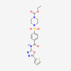 molecular formula C20H21N5O6S2 B2849219 乙基-4-((4-((5-(噻吩-2-基)-1,3,4-噁唑-2-基)氨基甲酰)苯基磺酰)哌嗪-1-羧酸乙酯 CAS No. 533872-05-8
