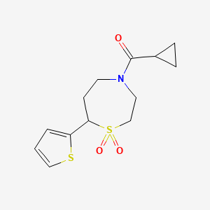 molecular formula C13H17NO3S2 B2849237 Cyclopropyl(1,1-dioxido-7-(thiophen-2-yl)-1,4-thiazepan-4-yl)methanone CAS No. 2034459-83-9