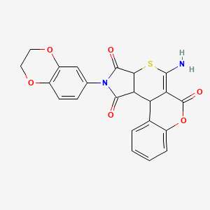 molecular formula C22H16N2O6S B2849260 5-amino-2-(2,3-dihydro-1,4-benzodioxin-6-yl)-11b,11c-dihydro-6H-chromeno[4',3':4,5]thiopyrano[2,3-c]pyrrole-1,3,6(2H,3aH)-trione CAS No. 1401661-99-1