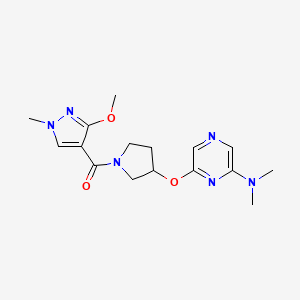 molecular formula C16H22N6O3 B2849326 (3-((6-(dimethylamino)pyrazin-2-yl)oxy)pyrrolidin-1-yl)(3-methoxy-1-methyl-1H-pyrazol-4-yl)methanone CAS No. 2034401-93-7