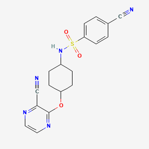 molecular formula C18H17N5O3S B2849459 4-cyano-N-((1r,4r)-4-((3-cyanopyrazin-2-yl)oxy)cyclohexyl)benzenesulfonamide CAS No. 2034399-40-9