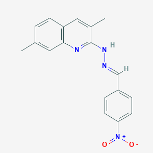 molecular formula C18H16N4O2 B2849485 (E)-3,7-dimethyl-2-(2-(4-nitrobenzylidene)hydrazinyl)quinoline CAS No. 364361-66-0