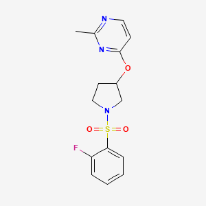 molecular formula C15H16FN3O3S B2849492 4-{[1-(2-Fluorobenzenesulfonyl)pyrrolidin-3-yl]oxy}-2-methylpyrimidine CAS No. 2034573-30-1