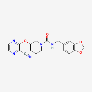 molecular formula C19H19N5O4 B2849519 N-(benzo[d][1,3]dioxol-5-ylmethyl)-3-((3-cyanopyrazin-2-yl)oxy)piperidine-1-carboxamide CAS No. 2034230-52-7