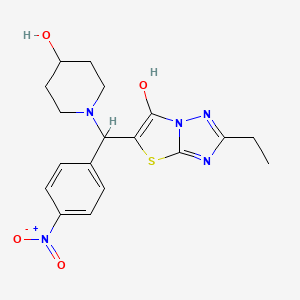 molecular formula C18H21N5O4S B2849573 2-Ethyl-5-((4-hydroxypiperidin-1-yl)(4-nitrophenyl)methyl)thiazolo[3,2-b][1,2,4]triazol-6-ol CAS No. 898350-52-2