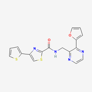 molecular formula C17H12N4O2S2 B2849639 N-((3-(呋喃-2-基)吡嗪-2-基)甲基)-4-(噻吩-2-基)噻唑-2-基乙酰胺 CAS No. 2034301-44-3