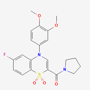 molecular formula C21H21FN2O5S B2849652 4-(3,4-dimethoxyphenyl)-6-fluoro-2-(pyrrolidin-1-ylcarbonyl)-4H-1,4-benzothiazine 1,1-dioxide CAS No. 1251579-35-7