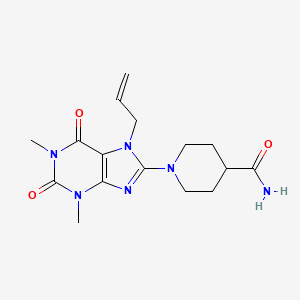 molecular formula C16H22N6O3 B2849656 1-(7-allyl-1,3-dimethyl-2,6-dioxo-2,3,6,7-tetrahydro-1H-purin-8-yl)piperidine-4-carboxamide CAS No. 489415-43-2
