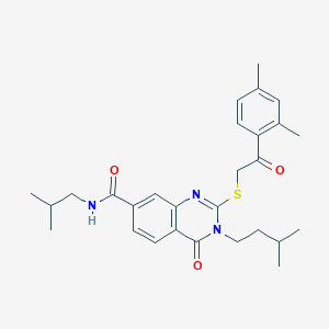 molecular formula C28H35N3O3S B2849662 2-((2-(2,4-dimethylphenyl)-2-oxoethyl)thio)-N-isobutyl-3-isopentyl-4-oxo-3,4-dihydroquinazoline-7-carboxamide CAS No. 1113136-13-2