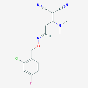 molecular formula C15H14ClFN4O B2849664 2-[(3E)-3-{[(2-氯-4-氟苯基)甲氧基]亚胺}-1-(二甲基氨基)丙基亚丙二腈 CAS No. 339102-92-0