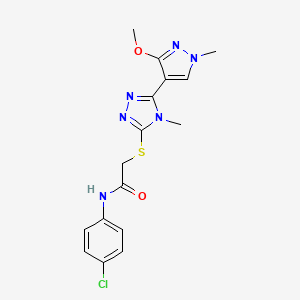 molecular formula C16H17ClN6O2S B2849680 N-(4-chlorophenyl)-2-((5-(3-methoxy-1-methyl-1H-pyrazol-4-yl)-4-methyl-4H-1,2,4-triazol-3-yl)thio)acetamide CAS No. 1014092-30-8