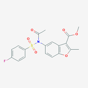 molecular formula C19H16FNO6S B284972 Methyl 5-{acetyl[(4-fluorophenyl)sulfonyl]amino}-2-methyl-1-benzofuran-3-carboxylate 