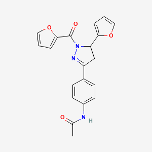 molecular formula C20H17N3O4 B2849728 N-{4-[5-(furan-2-yl)-1-(furan-2-ylcarbonyl)-4,5-dihydro-1H-pyrazol-3-yl]phenyl}acetamide CAS No. 927145-36-6