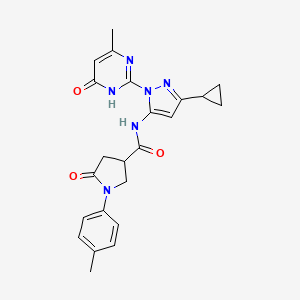 molecular formula C23H24N6O3 B2849729 N-(3-cyclopropyl-1-(4-methyl-6-oxo-1,6-dihydropyrimidin-2-yl)-1H-pyrazol-5-yl)-5-oxo-1-(p-tolyl)pyrrolidine-3-carboxamide CAS No. 1203356-34-6