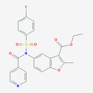 molecular formula C24H19FN2O6S B284978 Ethyl 5-[[(4-fluorophenyl)sulfonyl](isonicotinoyl)amino]-2-methyl-1-benzofuran-3-carboxylate 