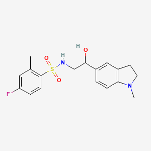 molecular formula C18H21FN2O3S B2849826 4-fluoro-N-(2-hydroxy-2-(1-methylindolin-5-yl)ethyl)-2-methylbenzenesulfonamide CAS No. 1706041-39-5