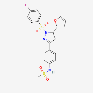 molecular formula C21H20FN3O5S2 B2849895 N-{4-[1-[(4-fluorophenyl)sulfonyl]-5-(2-furyl)-4,5-dihydro-1H-pyrazol-3-yl]phenyl}ethanesulfonamide CAS No. 832686-20-1