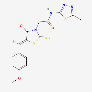 molecular formula C16H14N4O3S3 B2849905 2-[(5Z)-5-[(4-methoxyphenyl)methylidene]-4-oxo-2-sulfanylidene-1,3-thiazolidin-3-yl]-N-(5-methyl-1,3,4-thiadiazol-2-yl)acetamide CAS No. 1164479-58-6