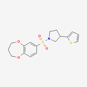 molecular formula C17H19NO4S2 B2849910 1-((3,4-二氢-2H-苯并[b][1,4]二氧杂环戊-7-基)磺酰)-3-(噻吩-2-基)吡咯啶 CAS No. 2191266-56-3