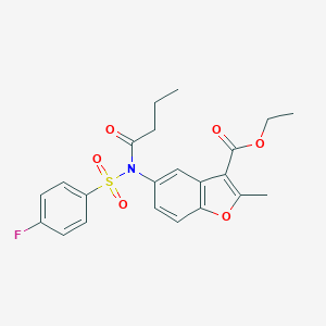 molecular formula C22H22FNO6S B284996 Ethyl 5-{butyryl[(4-fluorophenyl)sulfonyl]amino}-2-methyl-1-benzofuran-3-carboxylate 
