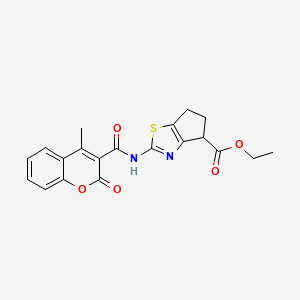 molecular formula C20H18N2O5S B2849980 ethyl 2-(4-methyl-2-oxo-2H-chromene-3-carboxamido)-5,6-dihydro-4H-cyclopenta[d]thiazole-4-carboxylate CAS No. 1207054-16-7