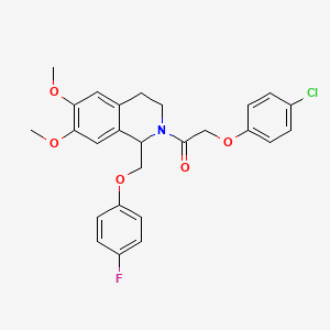 molecular formula C26H25ClFNO5 B2850100 2-(4-chlorophenoxy)-1-(1-((4-fluorophenoxy)methyl)-6,7-dimethoxy-3,4-dihydroisoquinolin-2(1H)-yl)ethanone CAS No. 486426-13-5