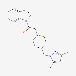 molecular formula C21H28N4O B2850114 2-(4-((3,5-dimethyl-1H-pyrazol-1-yl)methyl)piperidin-1-yl)-1-(indolin-1-yl)ethanone CAS No. 1396746-25-0