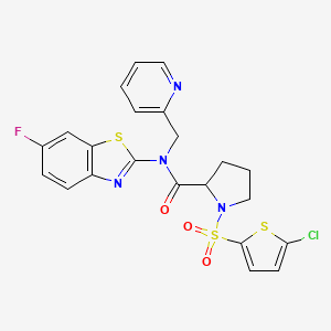 molecular formula C22H18ClFN4O3S3 B2850132 1-((5-chlorothiophen-2-yl)sulfonyl)-N-(6-fluorobenzo[d]thiazol-2-yl)-N-(pyridin-2-ylmethyl)pyrrolidine-2-carboxamide CAS No. 1101187-62-5